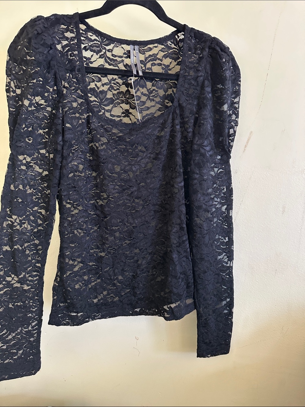 Anthropologie Black Lace Puff-Sleeve Blouse